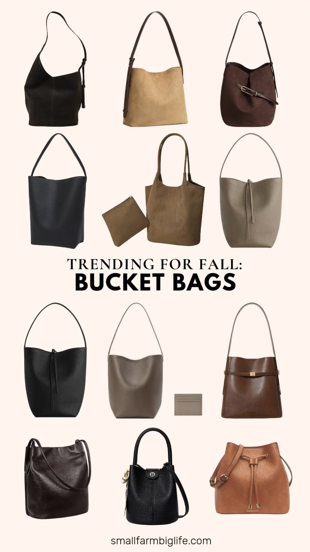 Bucket bags are everywhere this fall and I have rounded up all my favorites in one place.

The taupe befen Genuine Leather Bucket Bag has such a soft, pebbled texture and an everyday shape that goes with everything. I also love it in black if you want a more versatile neutral. For something a little slouchier, the coffee brown BOSTANTEN Suede Bucket Bag has that relaxed, lived in look with an adjustable strap that makes it easy to wear multiple ways.

The dark brown Sam Edelman Astrid Bucket Bag is a classic if you want a designer inspired option, and the coffee brown Iswee Soft Leather Tote Bucket Bag is roomy enough for work or travel days. If you want something budget friendly, the black Large Bucket Tote Bag with the drawstring pouch is lightweight and easy to carry every day.

The light brown Rungion Vintage Faux Suede Shoulder Bag has such a nice vintage feel for fall, and the tan BOSTANTEN Suede Bucket Bag with the brown handle is a great two tone option. The taupe gray TRow Genuine Leather Bucket Bag comes with a matching wallet if you want a coordinated set.

For something smaller, the black BOSTANTEN Crossbody Bucket Bag is mini and so cute for everyday errands, and the caramel Calvin Klein Gabrianna Bucket Bag has a fun, novelty shape that stands out. Rounding things out, the coffee brown BOSTANTEN Vegan Leather Bucket Bag has that old money style everyone is loving right now.

So many great bucket bag options to shop for fall.

#bucketbag #fallfashion #falloutfits #handbags #fallaccessories 

 #LTKootd #LTKOver40 #LTKWorkwear