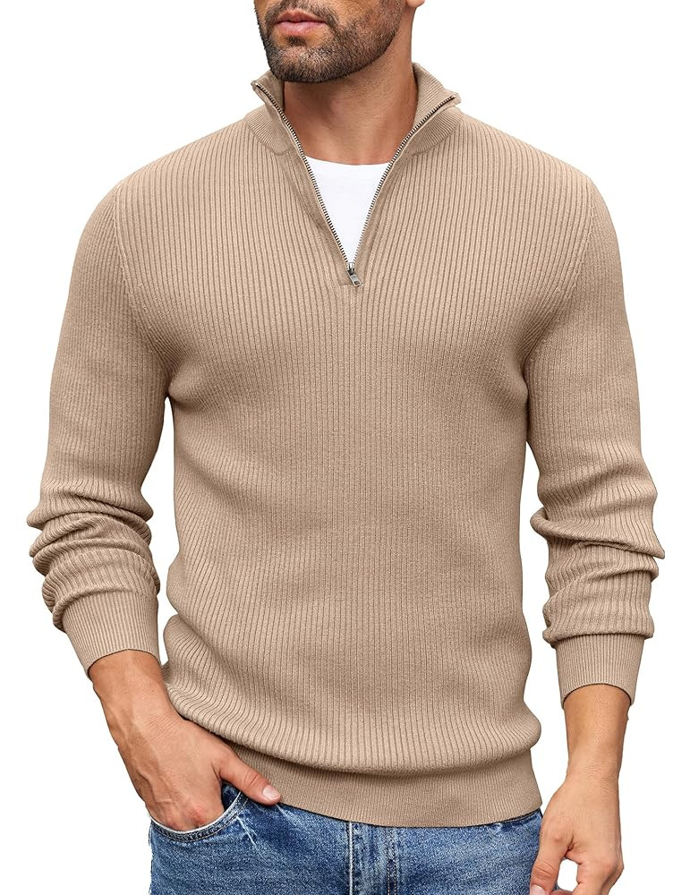 COOFANDY Men's Quarter Zip Sweaters Slim Fit Mock Neck Pullover Sweater Lightweight Knitted Polo ... | Amazon (US)