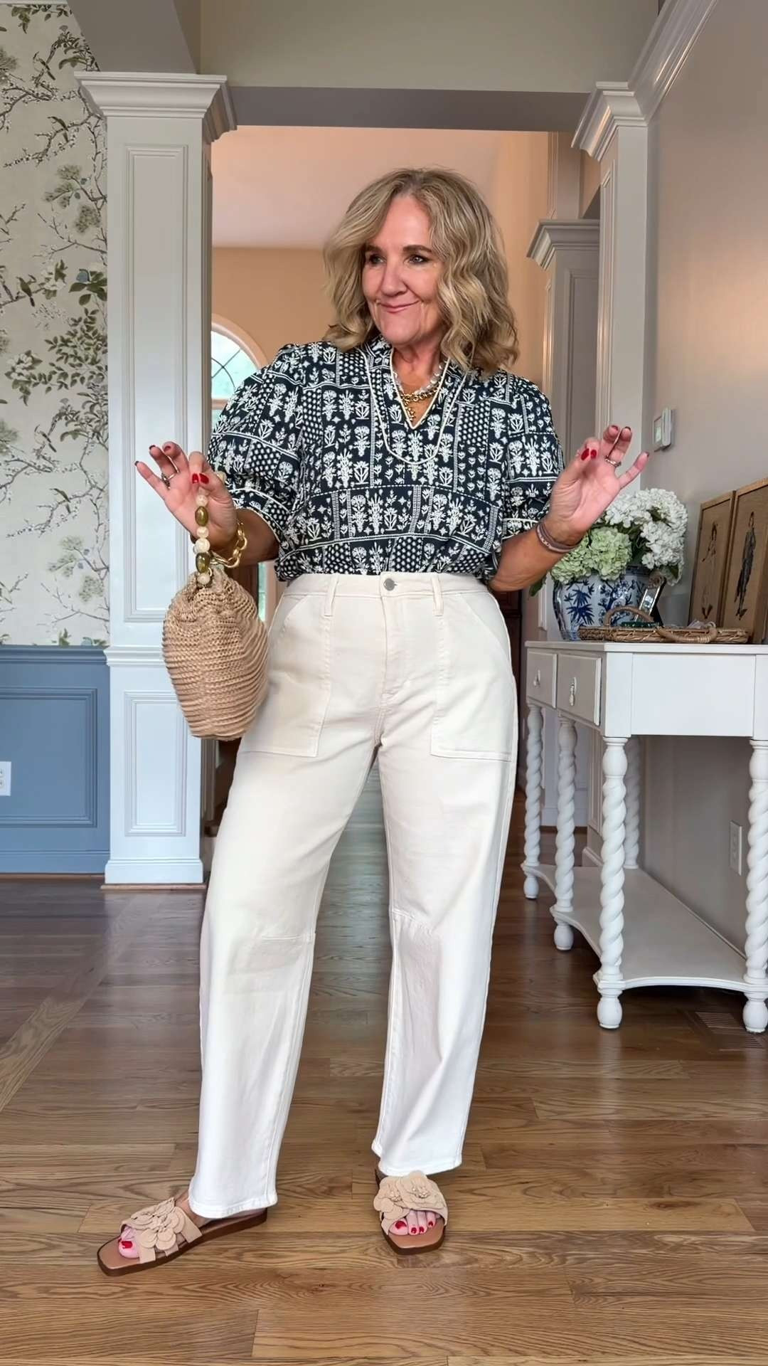 This printed blouse and cream denim combo is such a chic everyday look for summer. Perfect for brunch, shopping, casual workdays, travel, and everyday outings. 🫶🏻

15% off one order with code NANETTE15 Wearing my regular size medium in all tops and dresses Size 29 in jeans. 

 #LTKootd #LTKSeasonal #LTKOver40