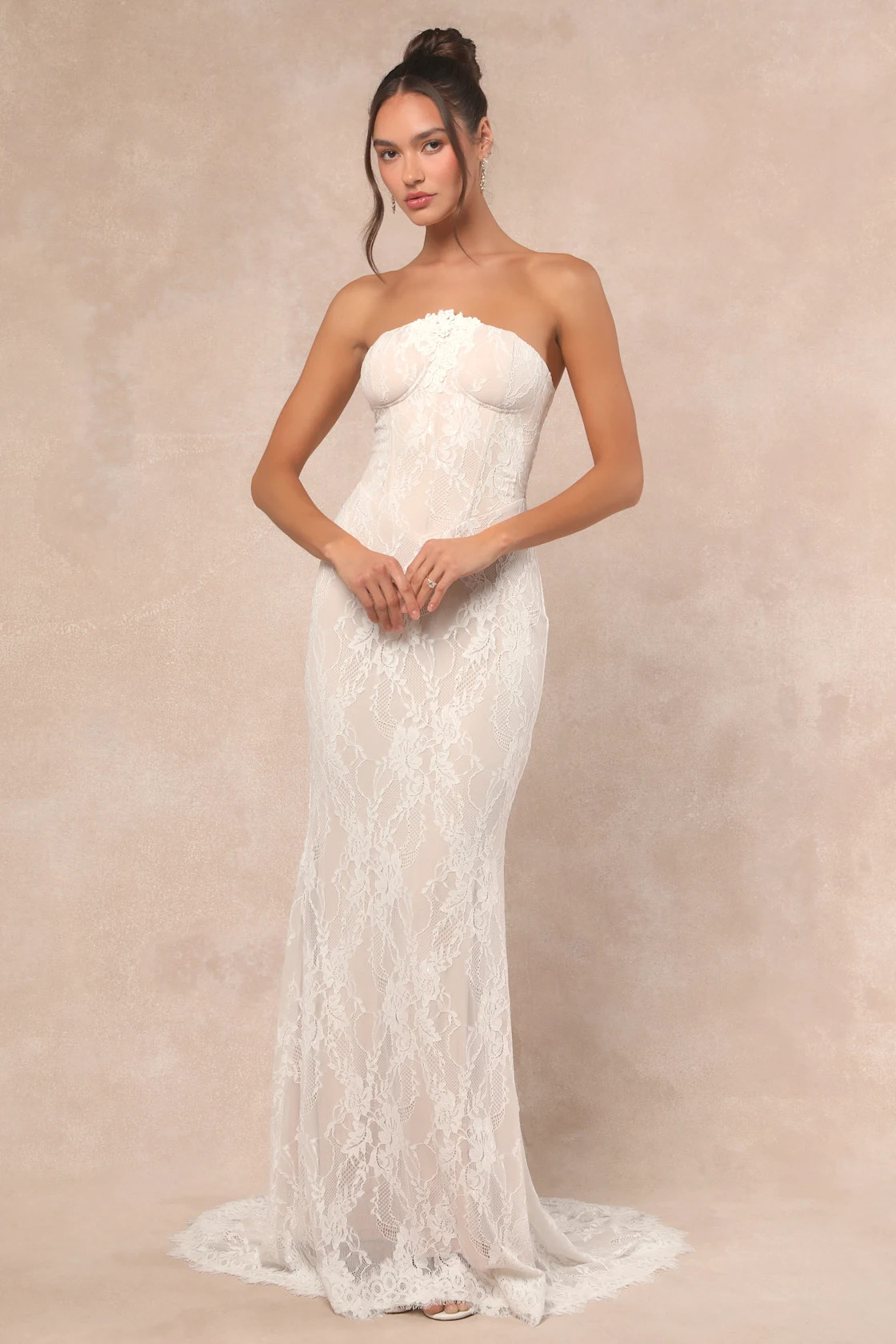 Valeria White Lace Strapless Bustier Maxi Dress | Lulus