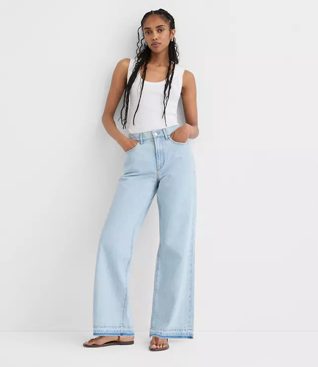 Rivete Unpicked High Rise Wide Leg Jeans in Wave Wash | LOFT