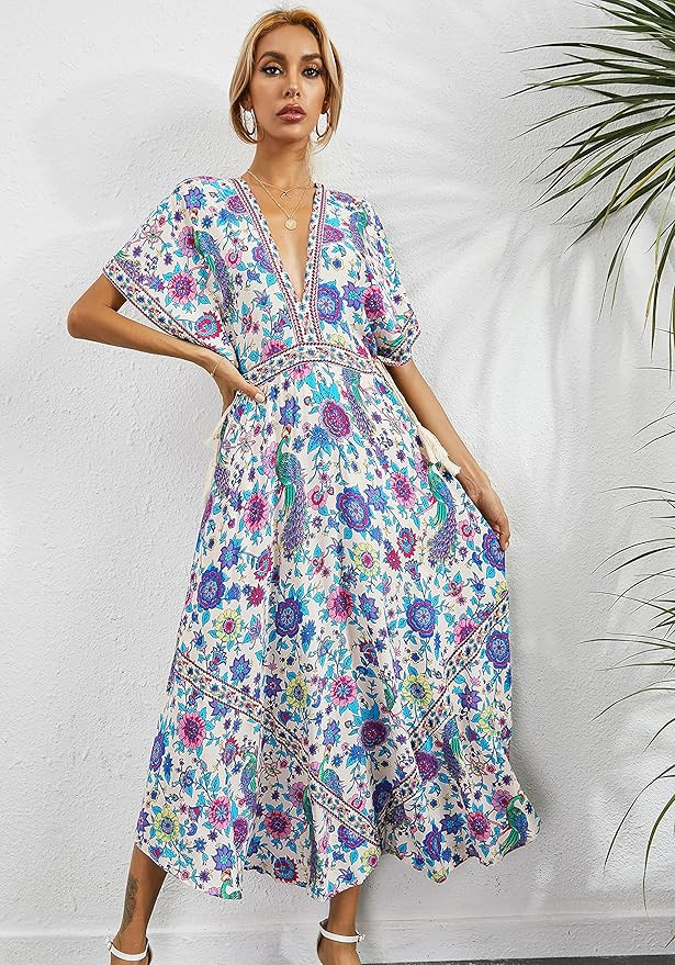 R.Vivimos Women Summer Print Deep V Neck Cotton Beach Long Dresses | Amazon (US)