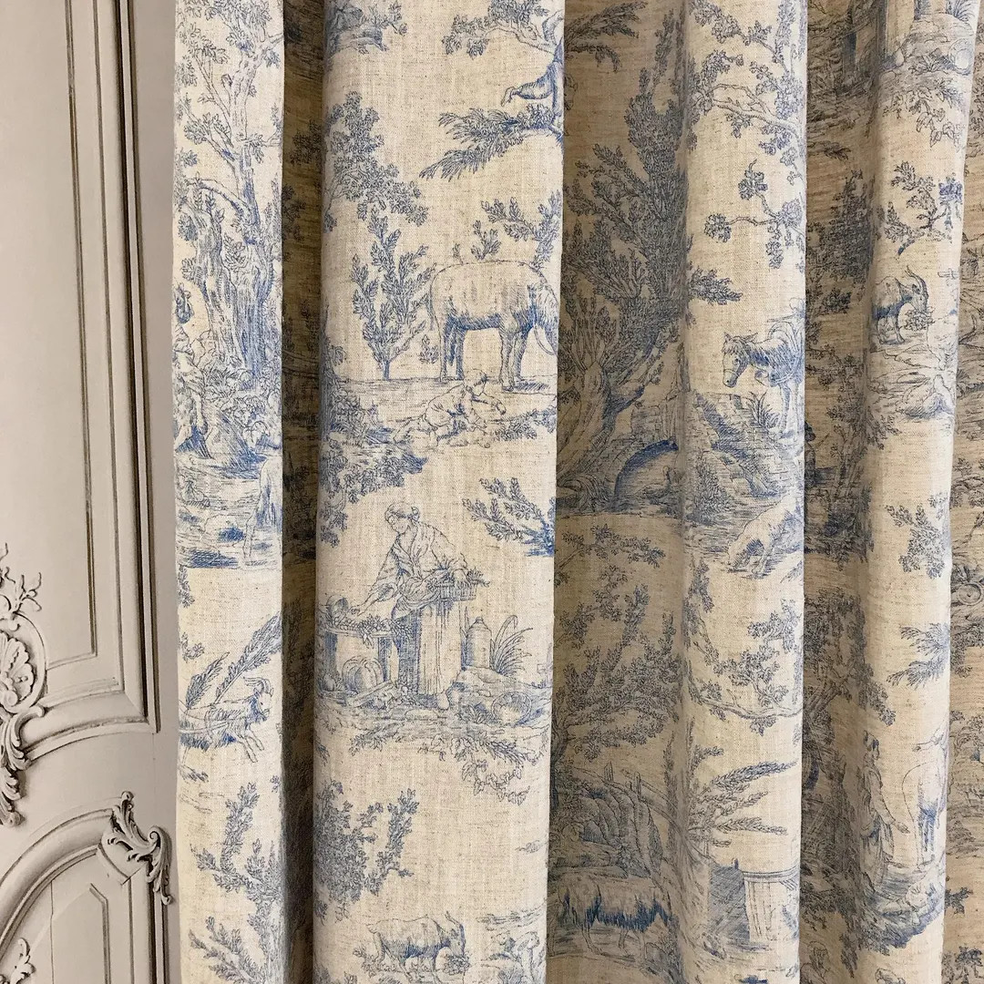 Modern Vintage Blue Toile Pattern Washed Linen Curtain Tan Oatmeal Beige Background Drapery Panel... | Etsy (US)