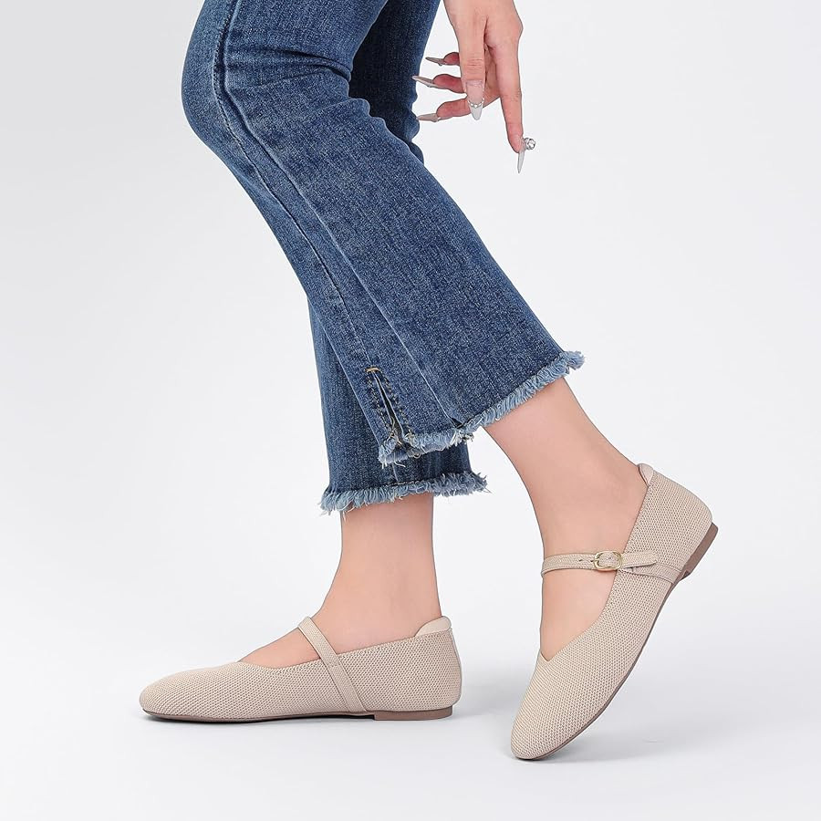 Flats for Women Mary Jane Shoes Knit Round Toe Ballet Flats with Strap Womens Comfortable Work Fl... | Amazon (US)