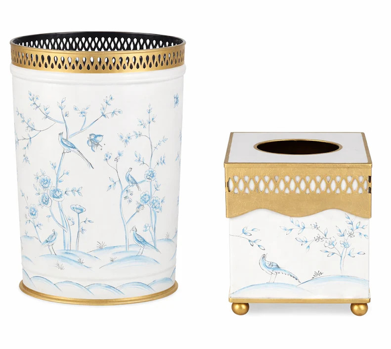 Ivory & Blue Pierced Wastepaper Basket & Tissue Holder (3 Options) | The Enchanted Home