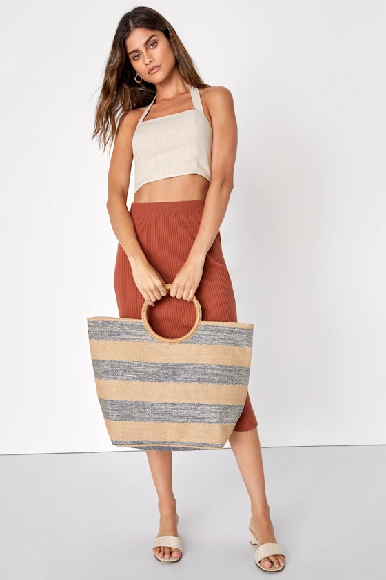 Tote-ally Adorable Natural and Silver Striped Woven Tote Bag Beach Tote Bag Straw Bag Vacation Bag | Lulus (US)
