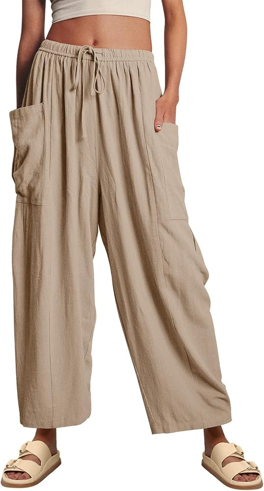 LILLUSORY Women‘s Linen Wide Leg Pants 2025 Casual Loose Lightweigt Beach Palazzo Harem Pants | Amazon (US)