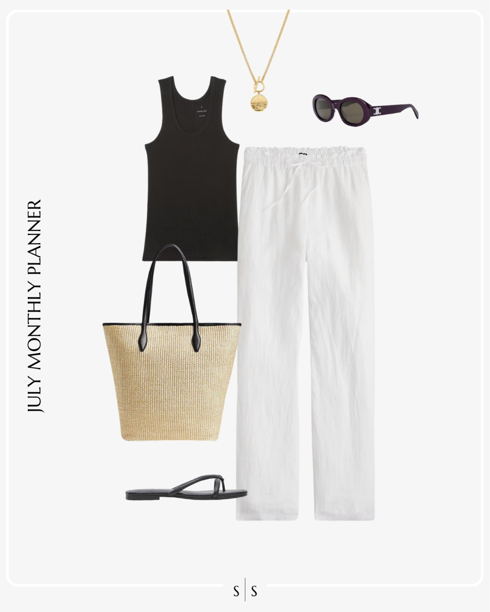 Monthly outfit planner JULY: Summer looks | black tank, white linen pant, slide sandals, straw tote, Summer accessories 

See the entire calendar on thesarahstories.com ✨ 


#LTKStyleTip