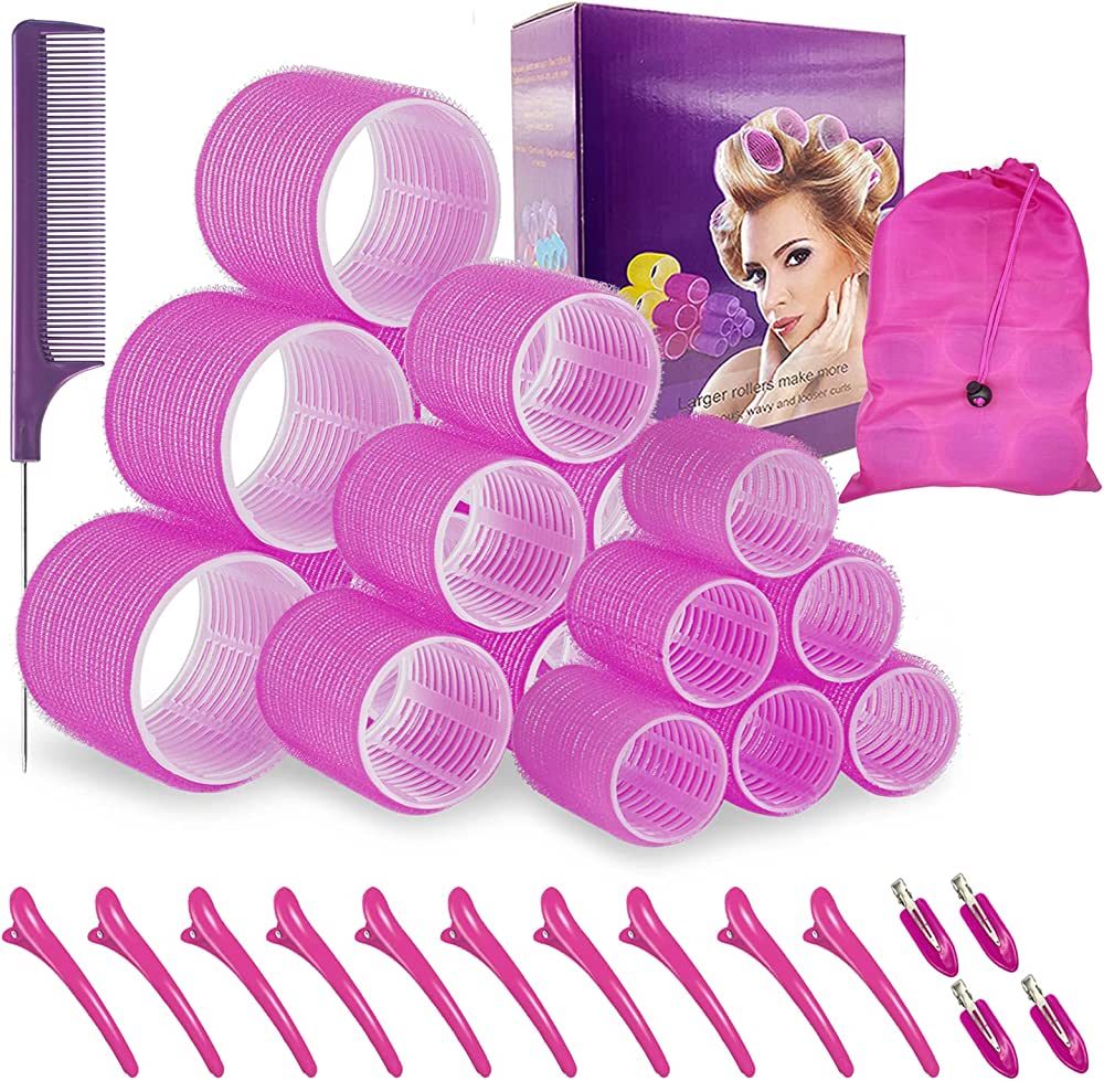 TINGIC Hair roller set 18 pcs,Jumbo Hair Curlers Rollers with Clips，Self grip hair roller set... | Amazon (US)