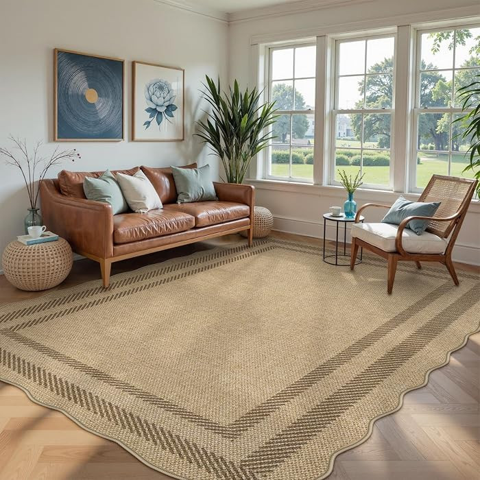 LIVEBOX Scalloped Washable 8x10 Rug, Easy Jute Tan Rug for Living Room, Indoor Outdoor Patio Non ... | Amazon (US)