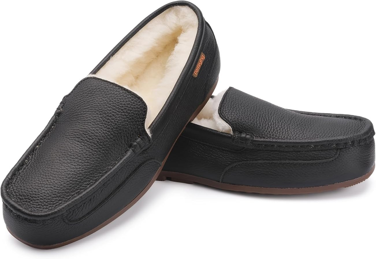 Parfeying Men's Indoor Outdoor Sheepskin Moccasins Slippers Memory Foam Driving Style Shoes | Amazon (US)