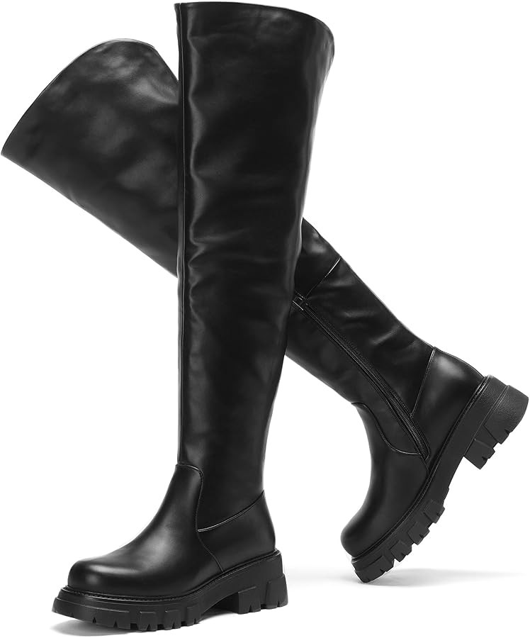 Black Thigh High Boots For Women Platform Slouch Over The Knee Fall Boots Lug Sole Low Chunky Hee... | Amazon (US)