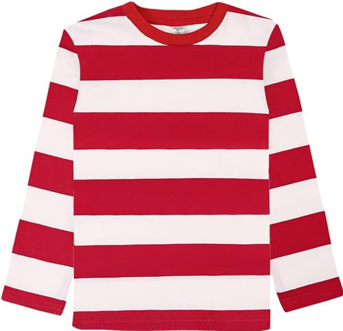 COSLAND Boys Red and White Long Sleeve Striped Shirt, Red and White, Large | Amazon (US)
