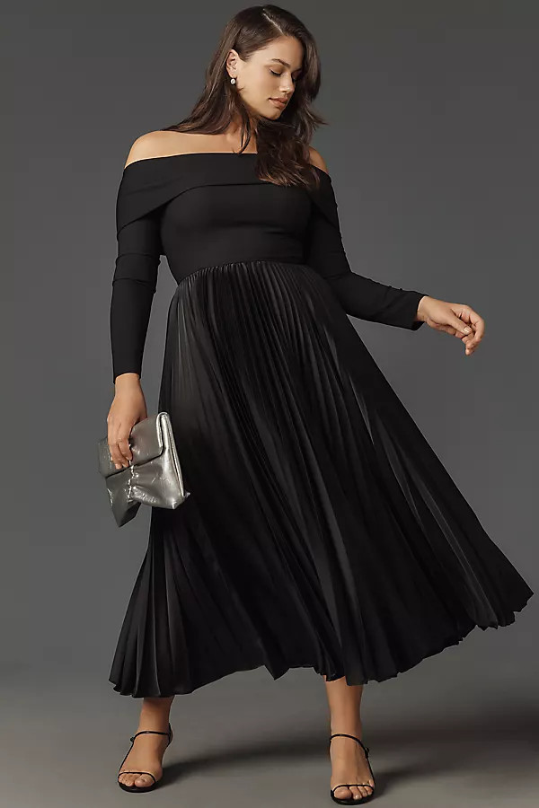 Long-Sleeve Off-The-Shoulder Pleated Maxi Dress | Anthropologie (US)