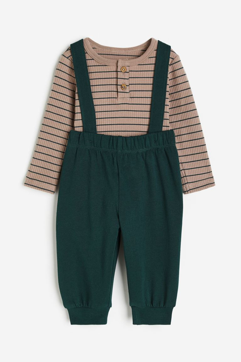 2-piece Cotton Set - Dark green/striped - Kids | H&M US | H&M (US + CA)