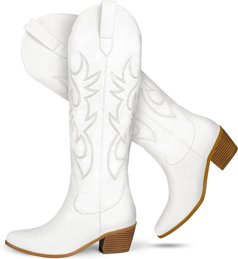 Cowboy Boots for Women,Western Pointed Toe Chunky Heel Pull-On Knee High Cowgirl Boots Fashion Em... | Amazon (US)