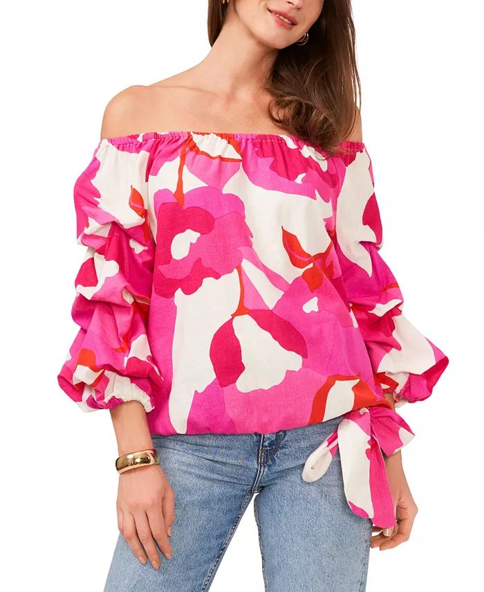 Vince Camuto Women's Printed Off The Shoulder Bubble Sleeve Tie Front Blouse - Macy's | Macy's