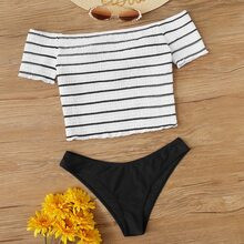 Striped Smocked Bardot High Cut Bikini Swimsuit | SHEIN