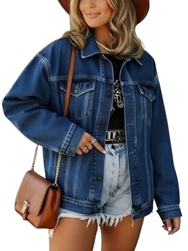 JMOJO Oversized Denim Jacket Women - Trendy Drop Shoulder Jean Jackets - Loose Fit Boyfriend Style Nashville Outfits for Women | Amazon (US)