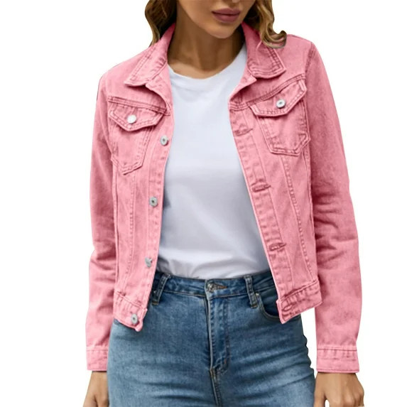 Clearance! Lisingtool Jackets for Women Women's Basic Solid Color Button Down Denim Cotton Jacket... | Walmart (US)