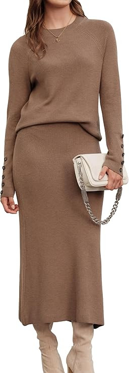 Arach&Cloz Women's Wool Blend Sweater 2 Piece Sets Winter Business Long Sleeve Top Midi Skirts Ou... | Amazon (US)
