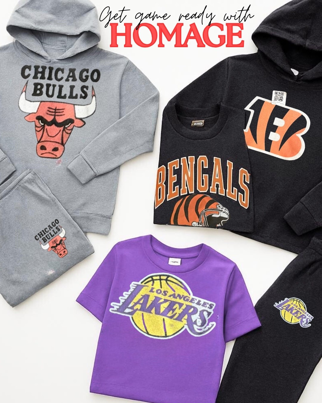 "Gear up for game day with HOMAGE! 🏀🏈 From stylish tees to cozy hoodies, we’ve got all the merch you need to support your favorite teams. Shop now and get ready to show off your fandom in style! #HOMAGE #GameDayReady"