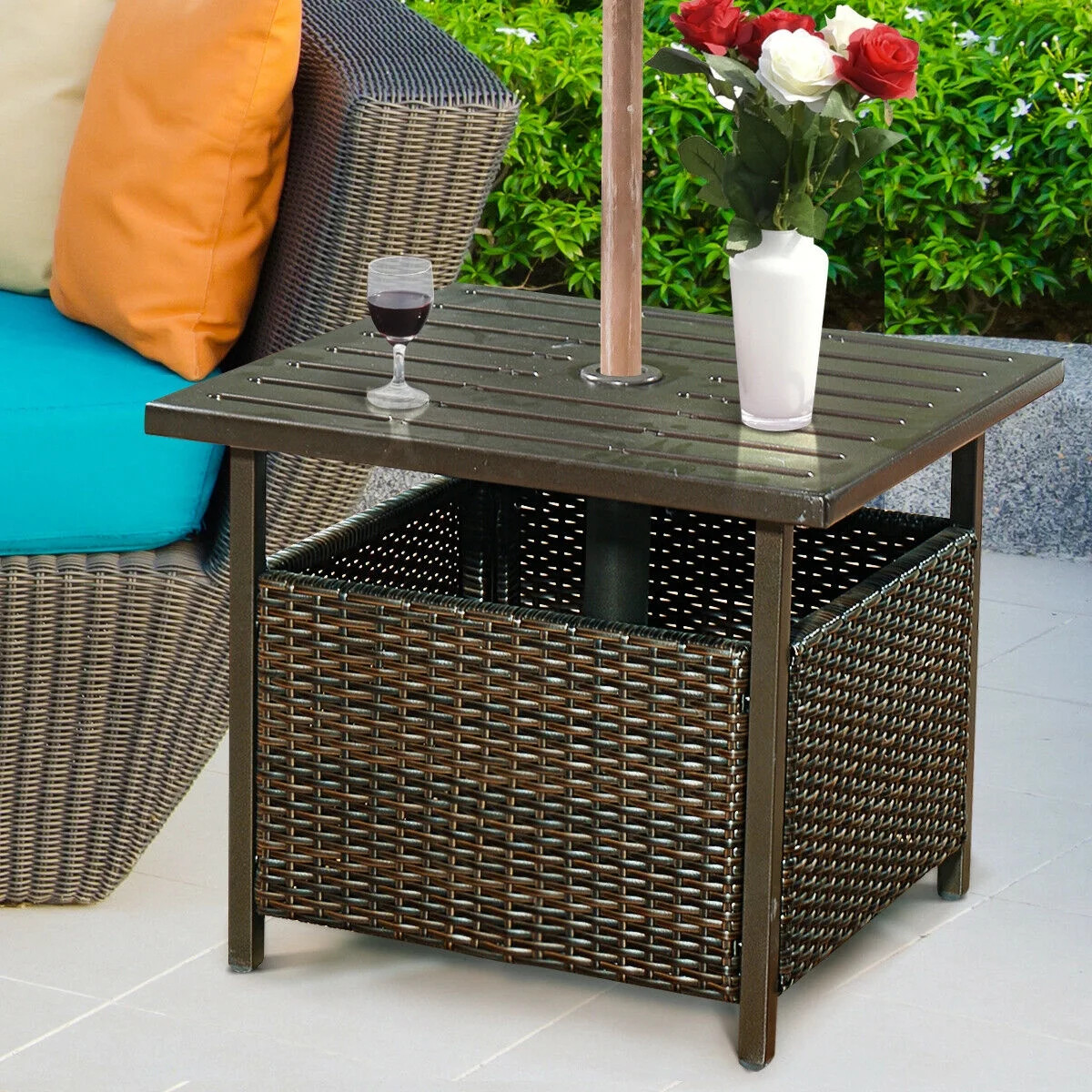 Costway Brown Rattan Wicker Steel Side Table Outdoor Furniture Deck Garden Patio Pool | Walmart (US)