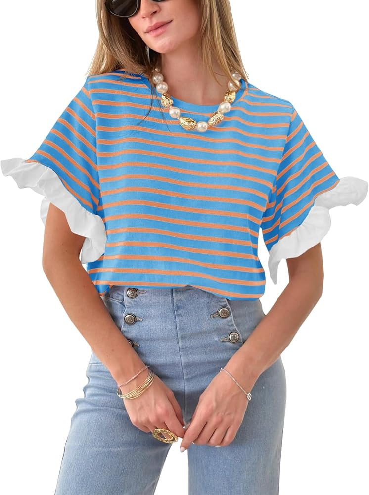 Tankaneo Women Striped Tops Ruffle Sleeve Casual Basic T Shirts Crewneck Short Sleeve Shirt Summe... | Amazon (US)