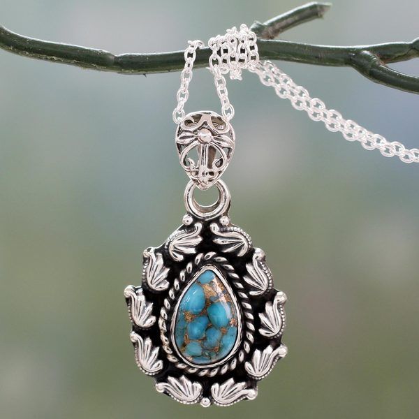 Handmade Sterling Silver 'Floral Flames' Turquoise Necklace (India) - 7'6" x 9'6" | Bed Bath & Beyond