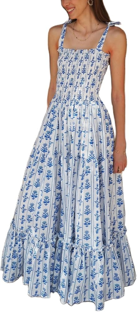 Women Boho Tie Shoulder Maxi Dress Y2k Floral Smocked Long Dress Sleeveless Flowy Summer Beach Su... | Amazon (US)