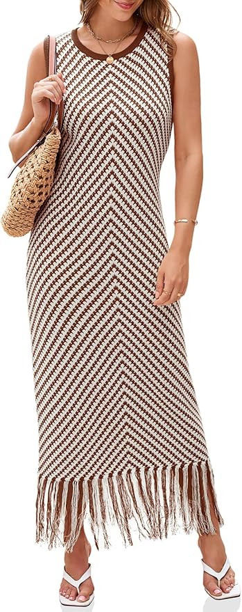 Wenrine Womens Summer Crochet Knit Dress Casual Striped Tassel Sleeveless Boho Maxi Dresses | Amazon (US)