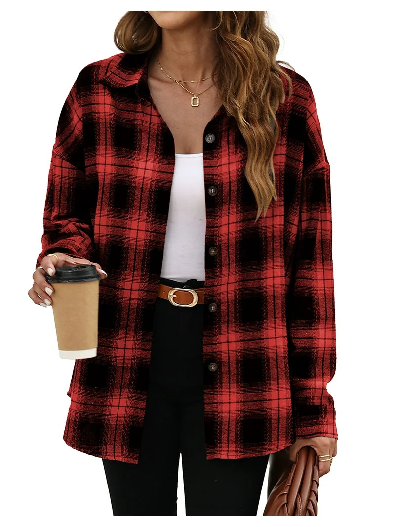 Fantaslook Plaid Flannel Shirts for Women Oversized Long Sleeve Button Down Shirts Blouses Tops | Walmart (US)