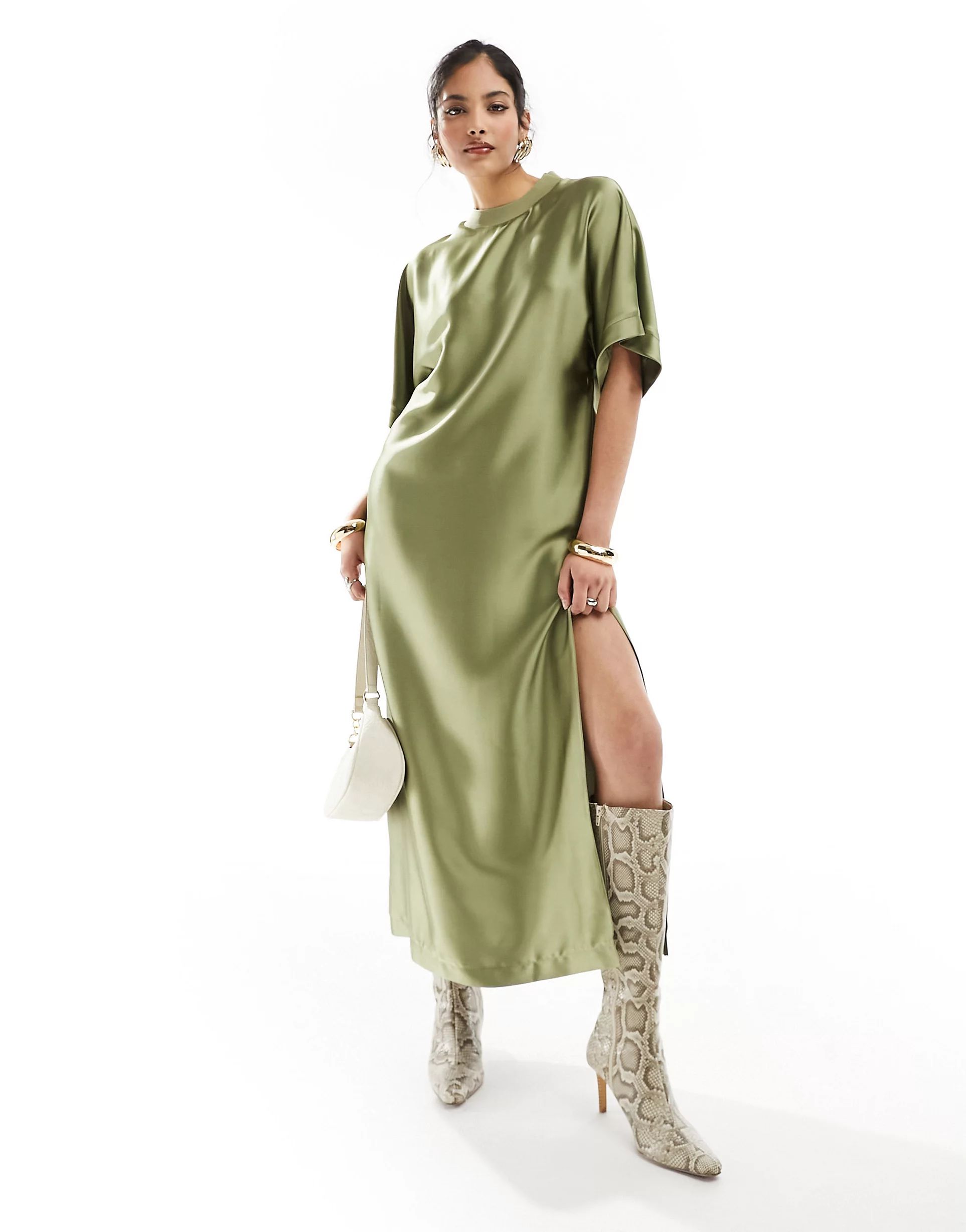 ASOS DESIGN satin oversized midi tshirt dress in olive | ASOS | ASOS (Global)