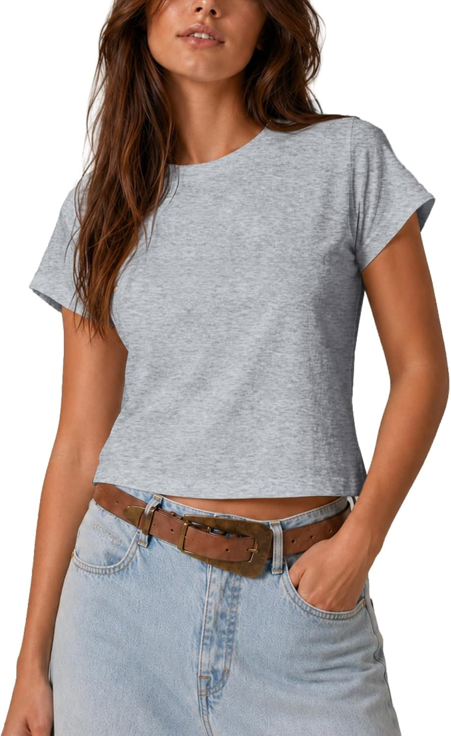 FAIABLE Womens Baby Tee,Cotton Stretch Cropped T Shirts,Crewneck Basic Crop Tees,Casual Short Sleeve Tops for Women | Amazon (US)