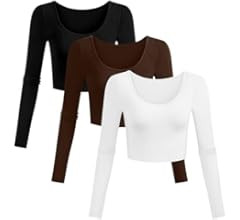 Ficerd 3 Pcs Women's Long Sleeve Basic Crop Tops Slim Fitted Scoop Neck Shirts Solid Casual Tee T... | Amazon (US)