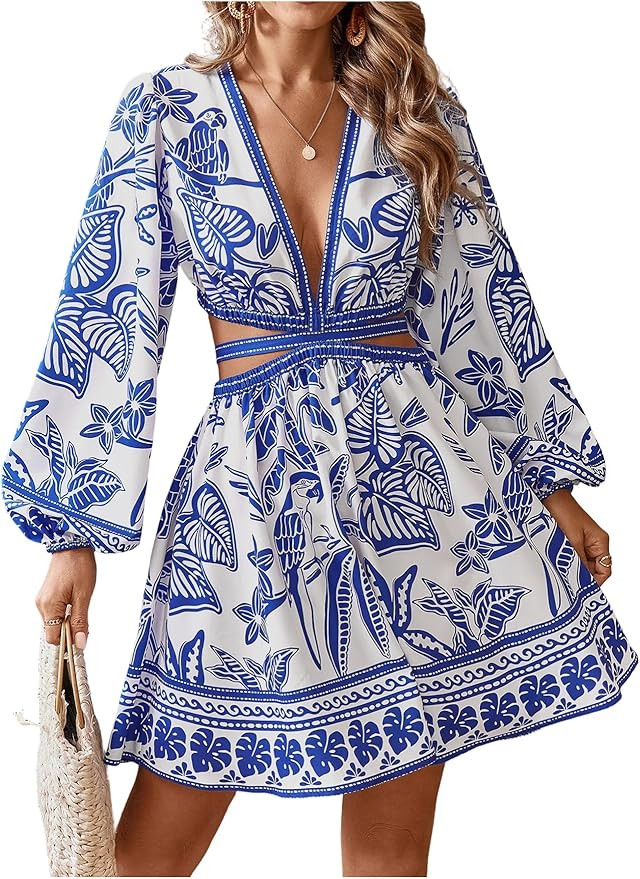 Floerns Women's Tropical Bishop Sleeve Mini Dress Cut Out Tie Back V Neck Beach A Line Dresses | Amazon (US)