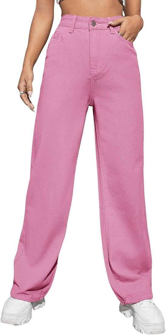 SweatyRocks Women's Casual Loose High Waist Solid Straight Wide Leg Jeans | Amazon (US)