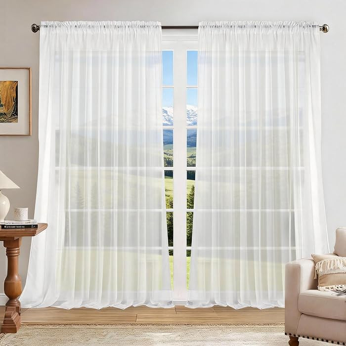 Dreaming Casa Solid Sheer Curtains Draperies White Rod Pocket 2 Panels 100" W x 102" L | Amazon (US)