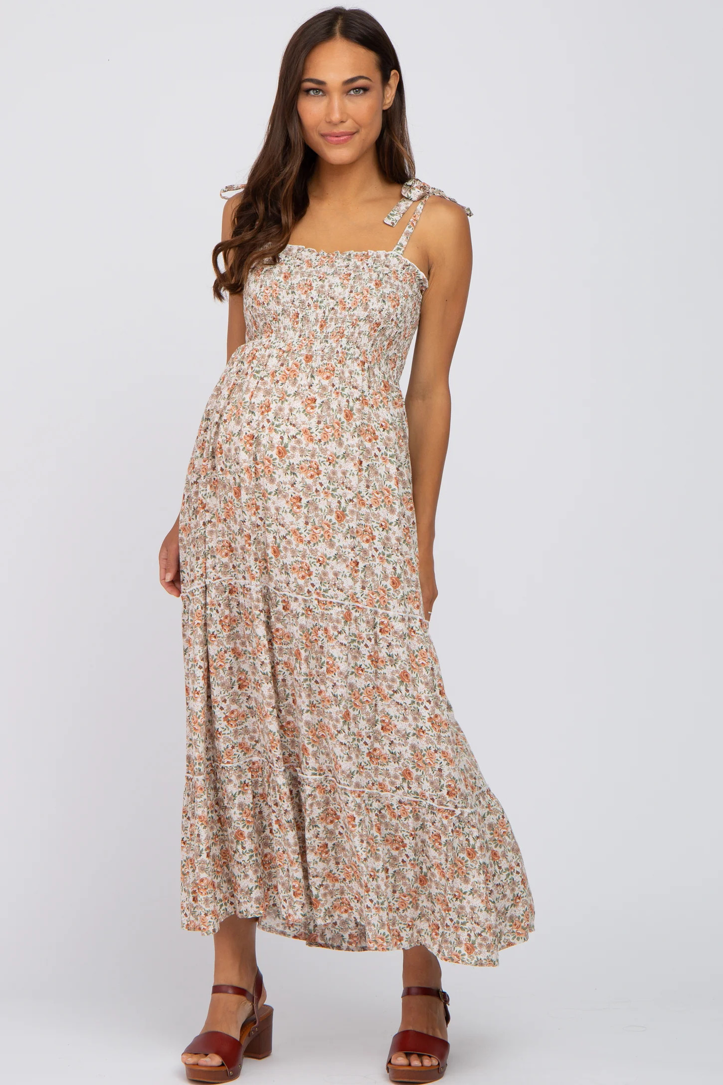 Beige Floral Sleeveless Tiered Maternity Maxi Dress | PinkBlush Maternity