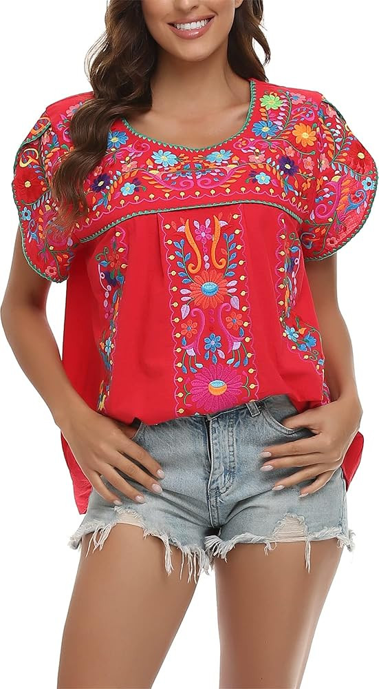 YZXDORWJ Women's Summer Boho Embroidery Mexican Bohemian Tops Shirt Tunic | Amazon (US)