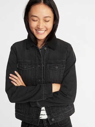 Sherpa-Lined Black Denim Jacket for Women | Old Navy US