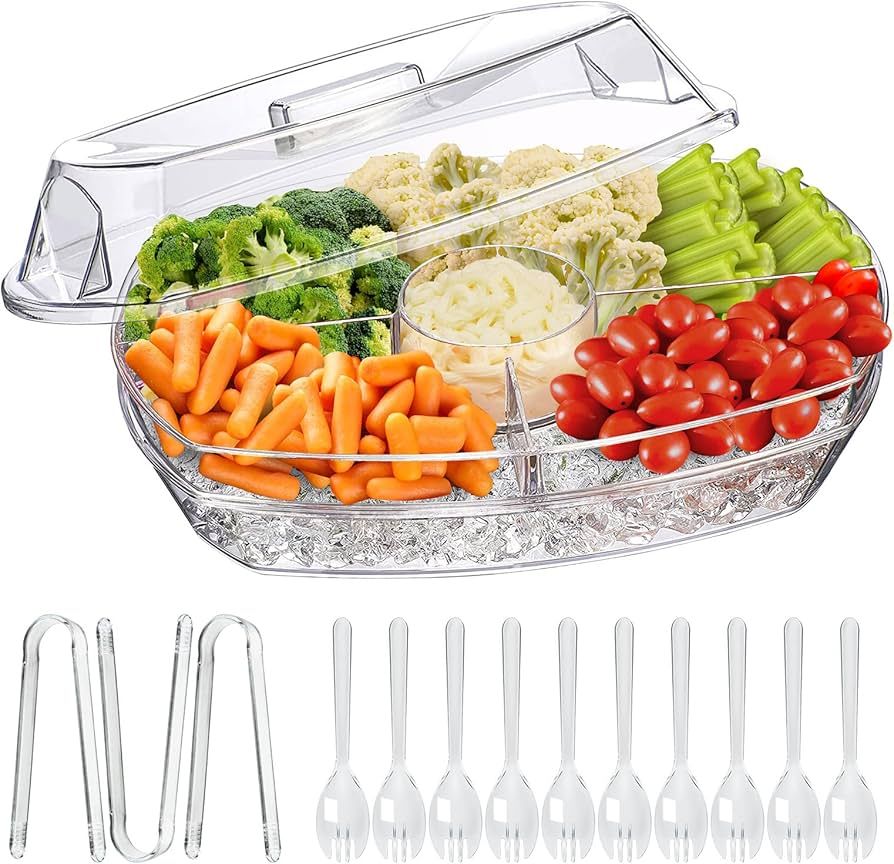 Chilled Veggie Tray, 15 Inch Clear Party Platter with 4 Compartments, Ice Serving Bowl with Lid, ... | Amazon (US)