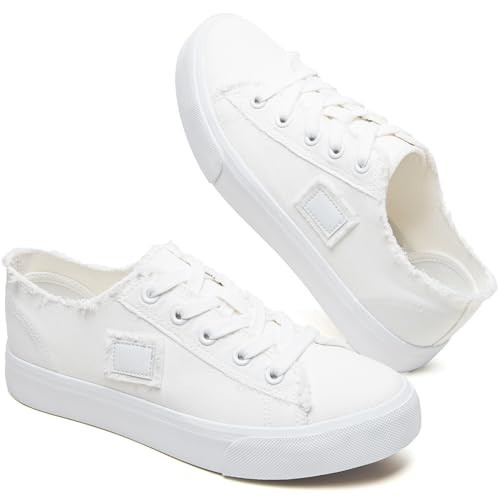 BENPAO Women's White Canvas Fashion Sneakers - Comfortable Casual Tennis Shoes, Low Top Walking Shoes (White, US11) | Amazon (US)