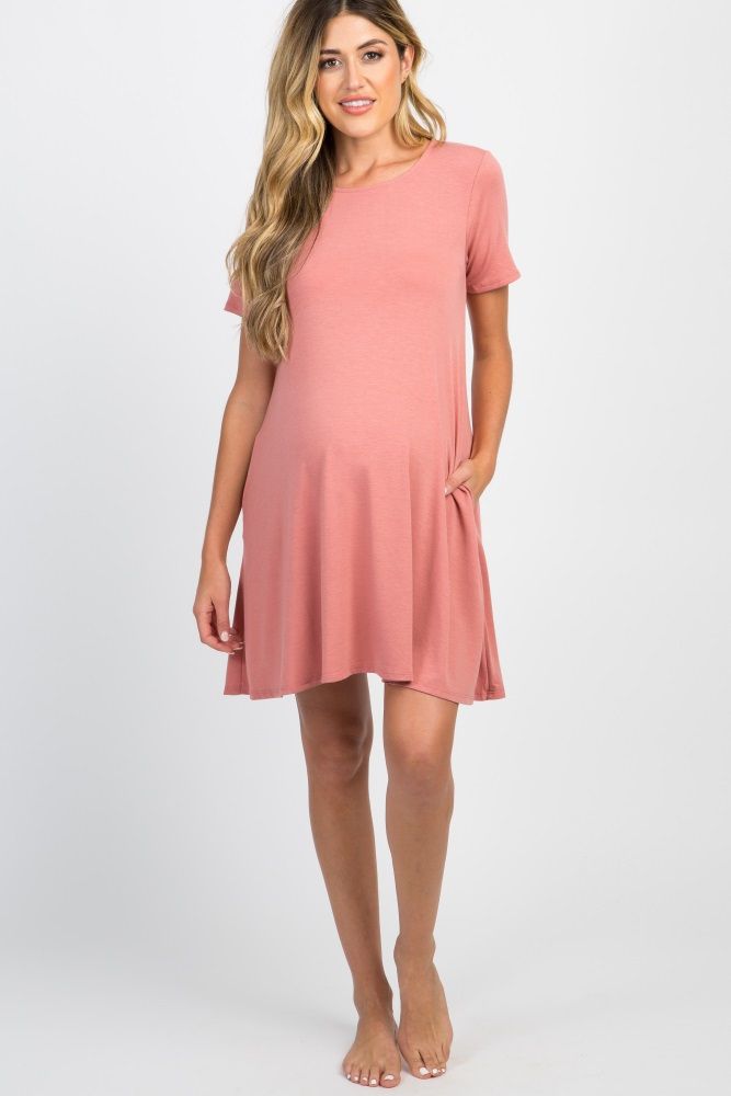 Pink Solid Short Sleeve Maternity Sleep Dress | PinkBlush Maternity