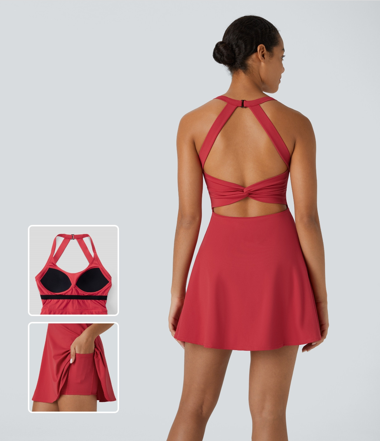 Halara Backless Twisted 2-in-1 Side Pocket Flare Mini Tennis Active Dress Workout Dress - Salsa - XL | HALARA