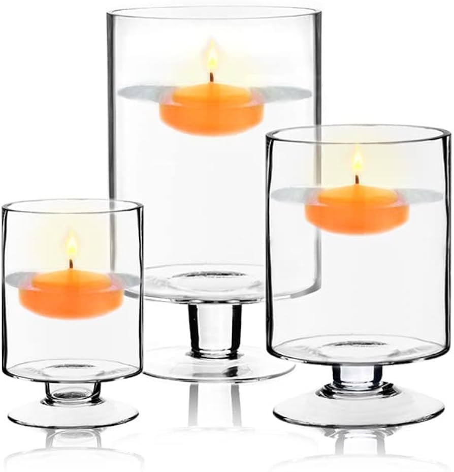 CYS EXCEL 3 PCS Glass Hurricane Pillar Candle Holders Set | Short Stem Candle Jars | Stemmed Glas... | Amazon (US)