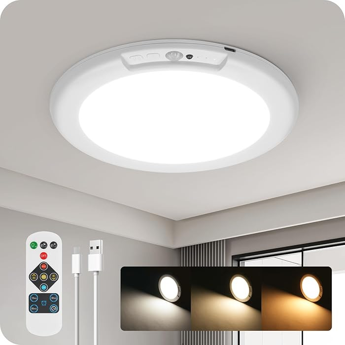 Rechargeable Motion Sensor Ceiling Light with Remote, Wireless Ceiling Light Battery Operated, No... | Amazon (US)