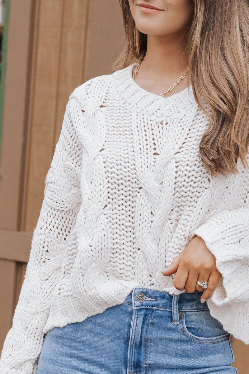 Cream V Neck Cable Knit Sweater | Magnolia Boutique | Magnolia Boutique