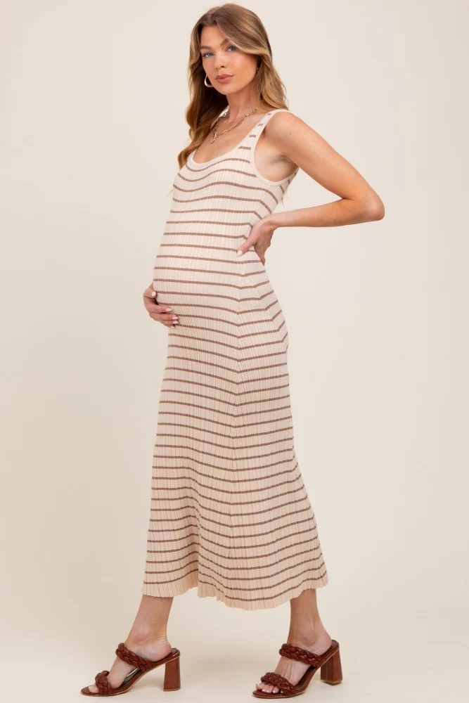 Natural/Mocha Lightweight Rib Fit And Flare Maternity Midi Dress | PinkBlush Maternity