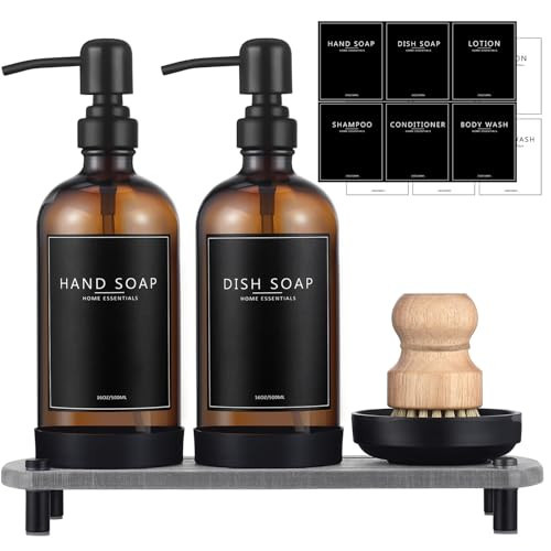 NEECZS Kitchen Soap Dispenser Set with Instant Dry Tray,16 Oz Hand and Dish Soap Amber Glass Dispenser Set,Stainless Steel Pump,Waterproof Labels&Dish Brush,Luxury Soap Bottle for Kitchen,Bathroom | Amazon (US)